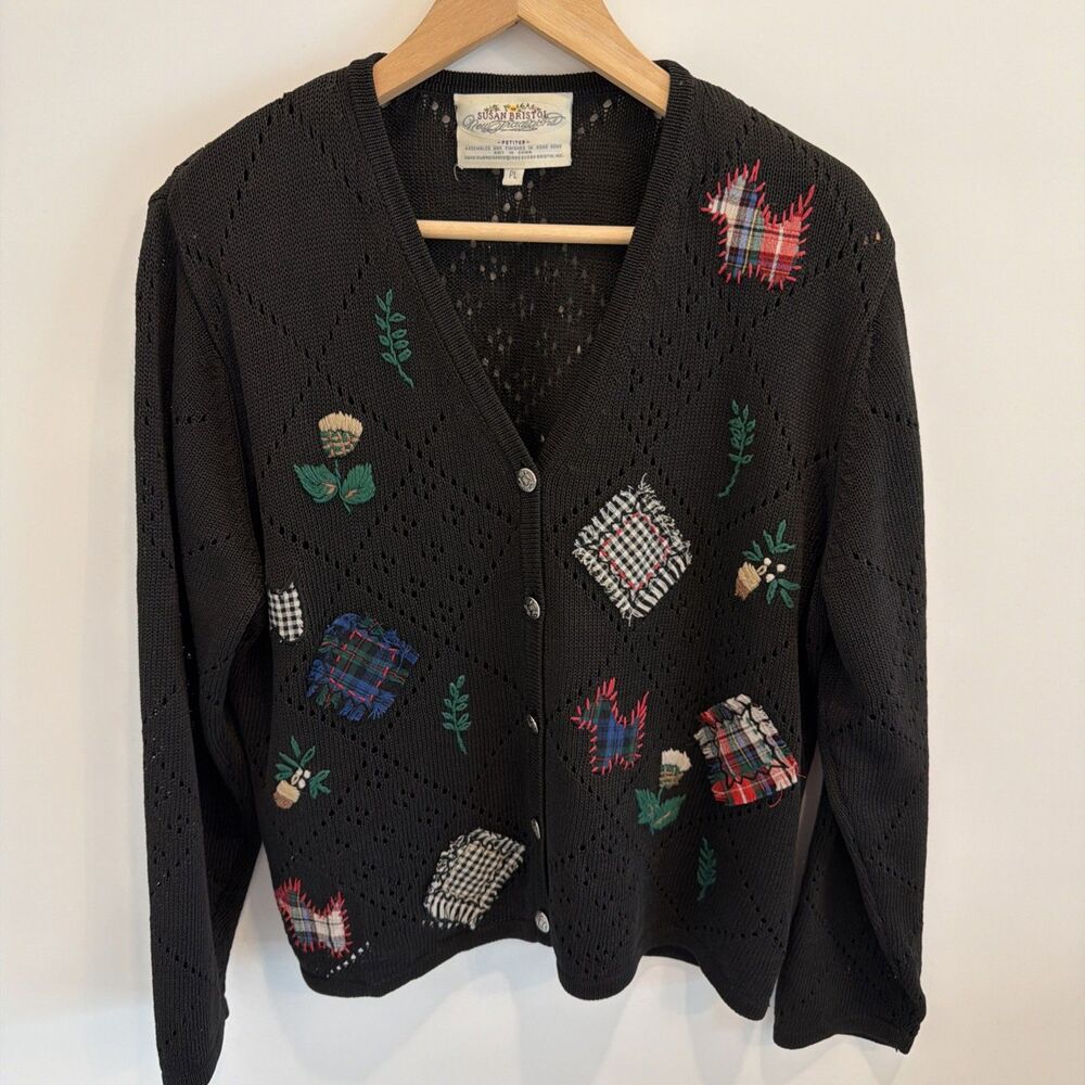 Vtg Susan Bristol Sz L P Embroidered Cardigan Sweater Scotty Dogs Holiday Plaid